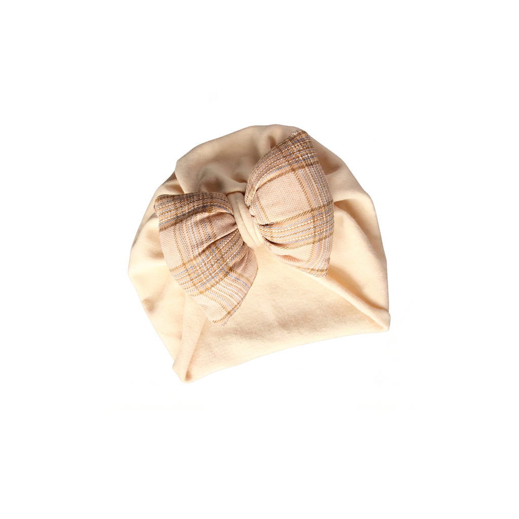 Newborn Bow Beanie - Cream/Plaid
