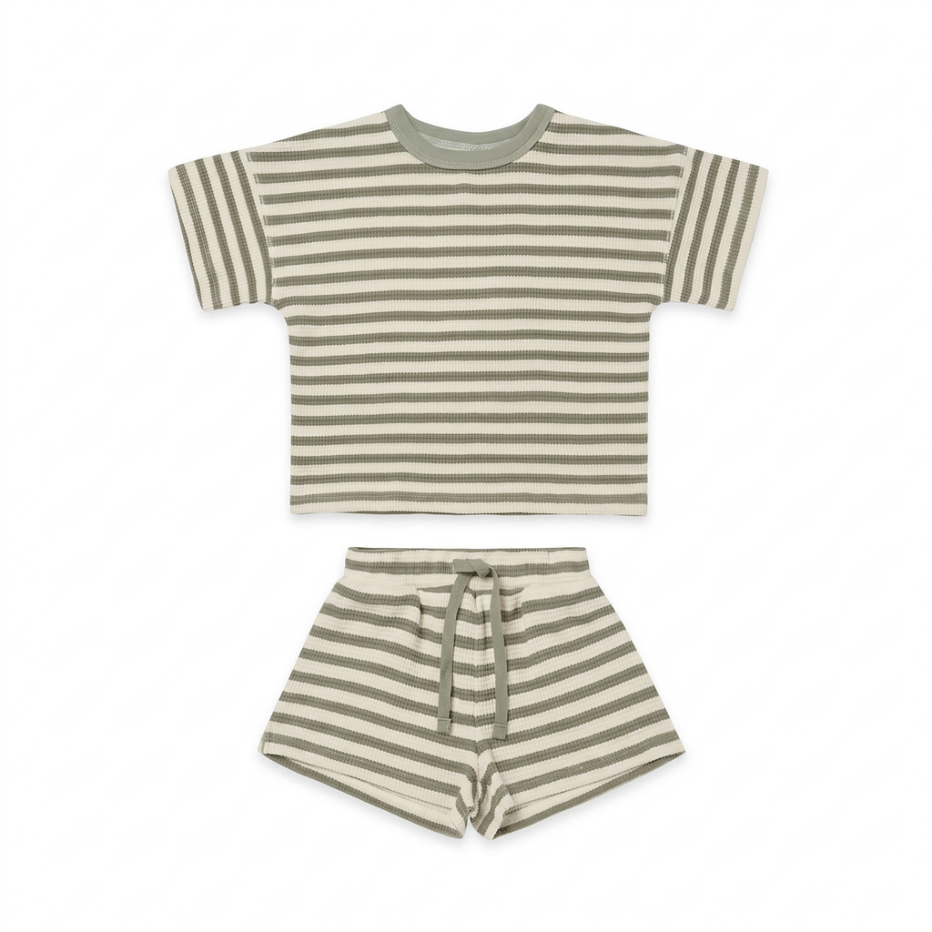 Sunday Waffle Knit Set - Striped Olive